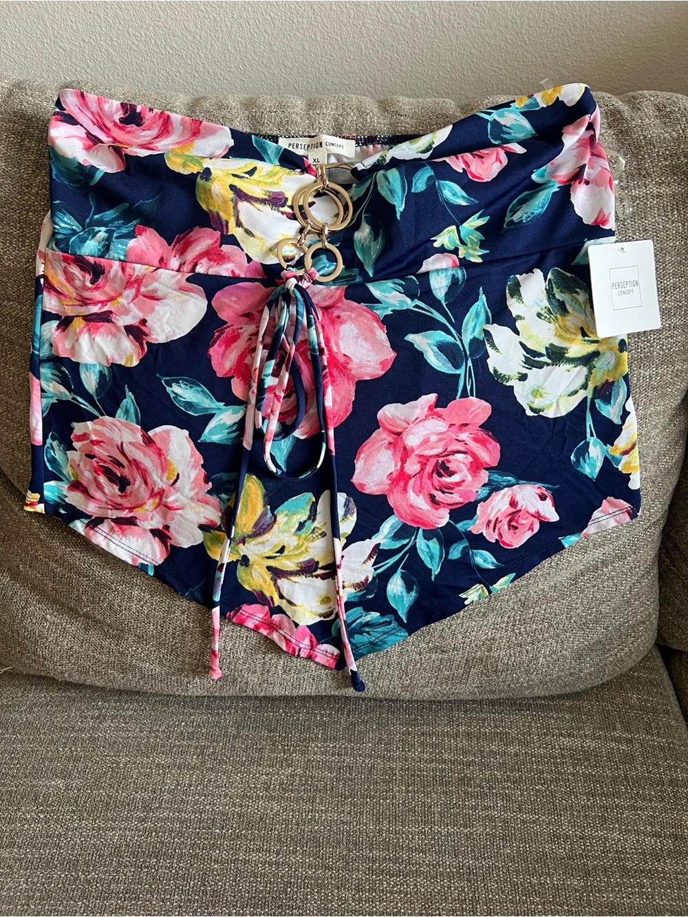 PerSeption Concept Navy Floral top with Gold Ring